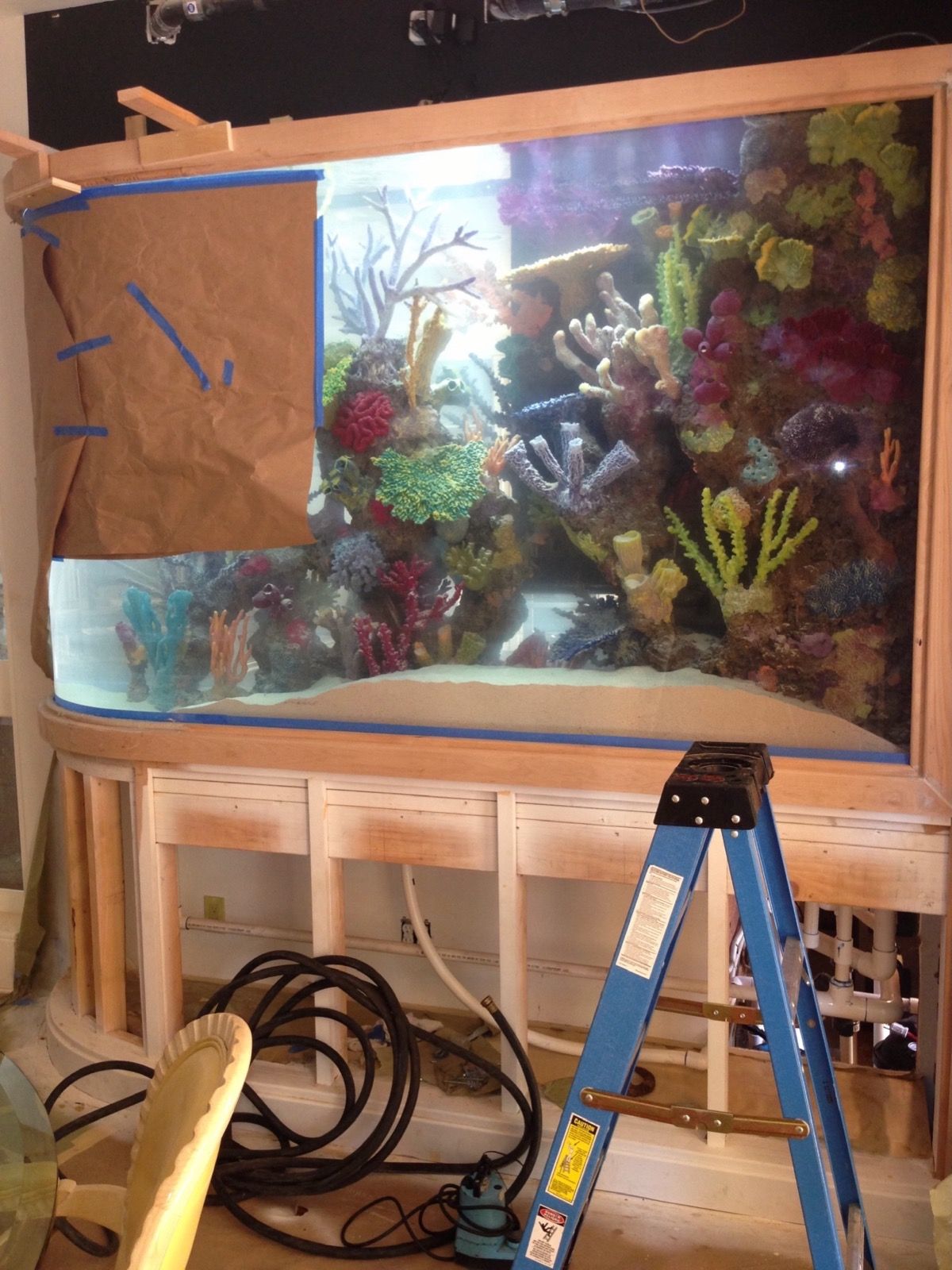 Curved reef aquarium during custom cabinet installation